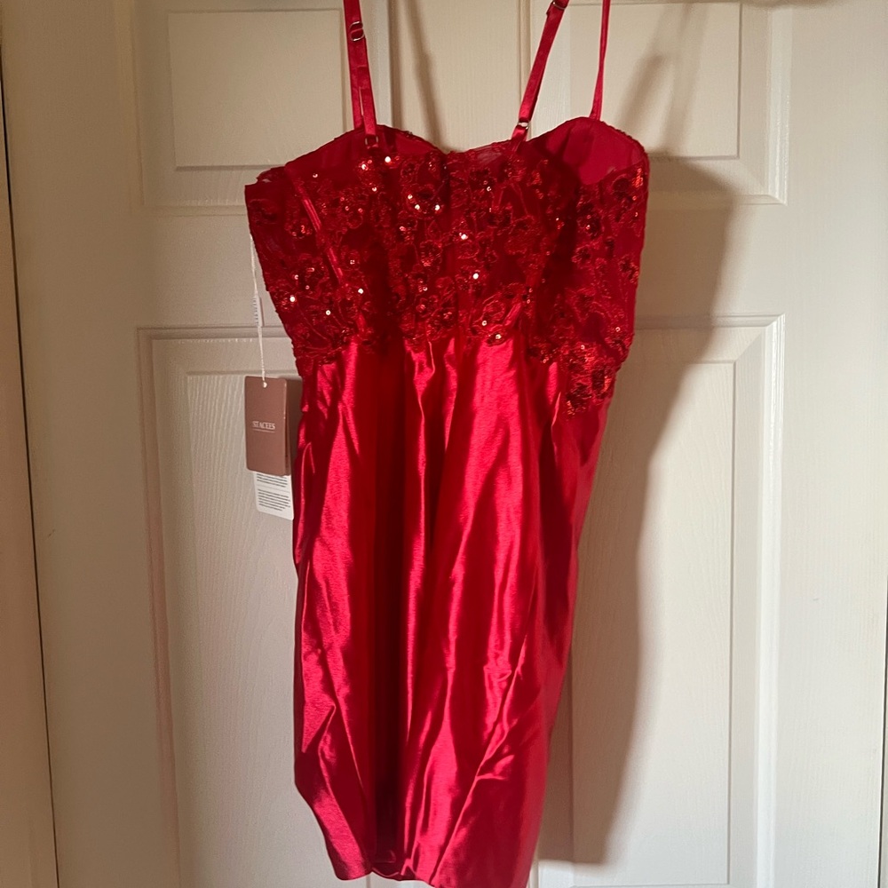 Red Lace Satin Dress - Picture 6 of 8